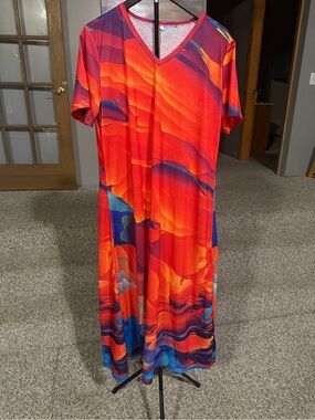 Vibrant Red V-Neck Maxi Dress with Multicolor Abstract Print